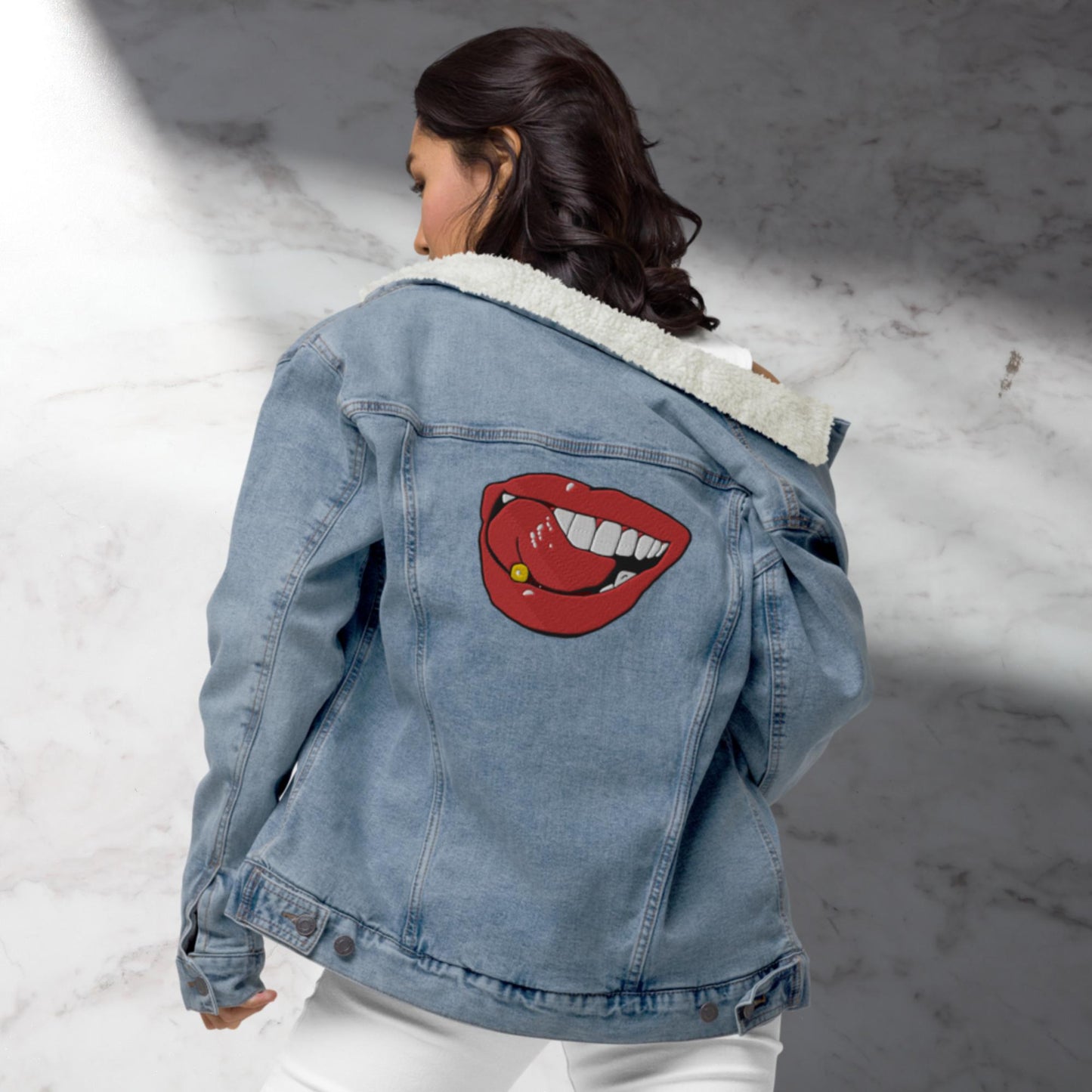 Kiss Embroidered Unisex denim Sherpa Jacket